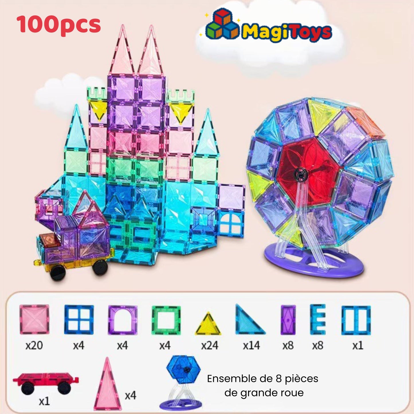 Ensemble de blocs magnétiques Magitoys - 100 pcs